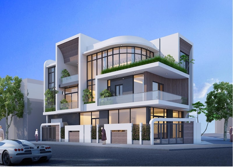 thiết kế nhà 2 mặt tiền vát góc