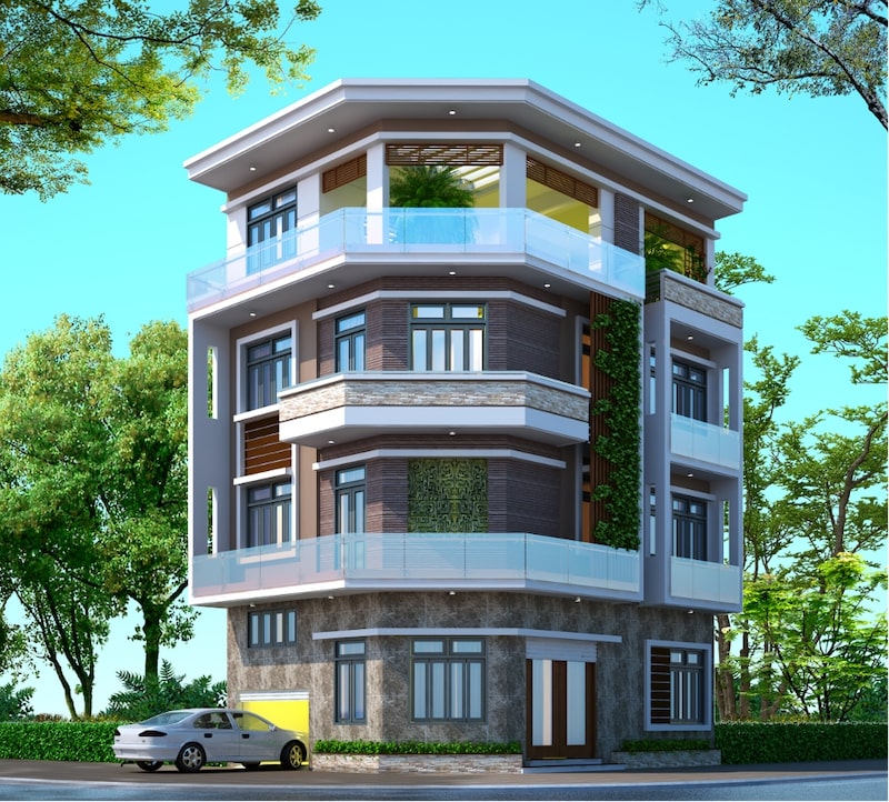 thiết kế nhà 2 mặt tiền vát góc